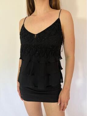 Black Vintage Silk Beaded Fringe Glam Party Cami